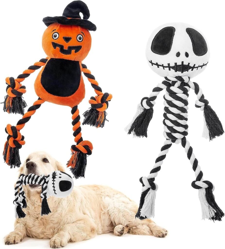 PAWCHIE Halloween Dog Toys - 2 Pack Dog Squeaky and Chew Toys for Puppy, Pumpkin and Skull Dog Rope Toys, Pet Soft Plush Toys for Small Medium Dogs