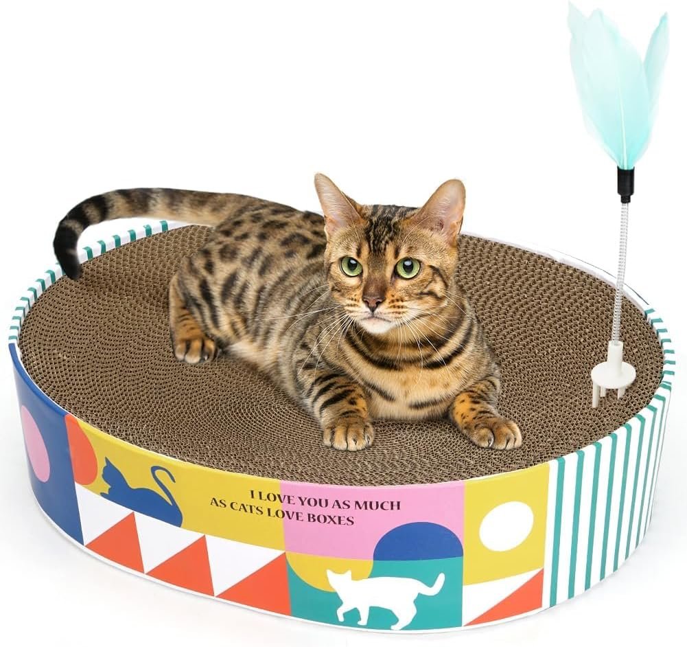 Cat Scratcher Cardboard 2in1 Oval Cat Scratcher Bed for Indoor Cats Cat Scratch Pad Bowl with Scratching Toy Corrugated Lounge BedFurniture Protector Training Toy XL(Stripe