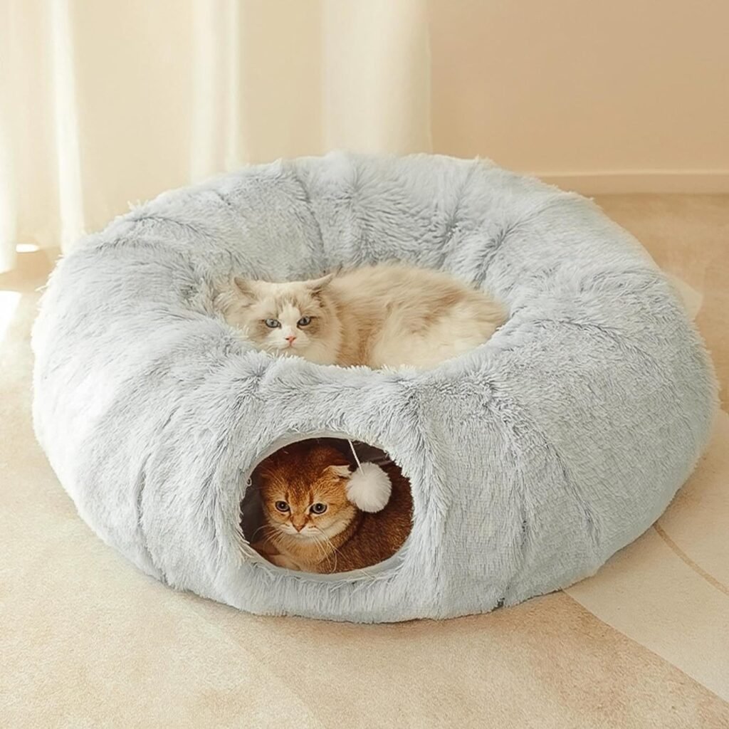 Cat Tunnel Bed for Indoor Cats,Warm Plush Cat Play Tunnel with Central Mat, Cat Calming Cave with Hanging Ball 2 Peepholes,S-Shape Cat Tube and Cat Donut Tunnel