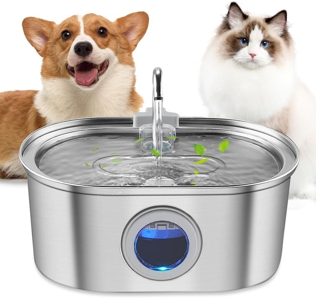 Cat Water Fountain, 3.2L/108oz Stainless Steel Pet Water Fountain, Automatic Dog Water Fountain with Water Level Window, Quiet Pump, Multi-Filter, Dishwasher Safe Water Fountain for Cats Inside