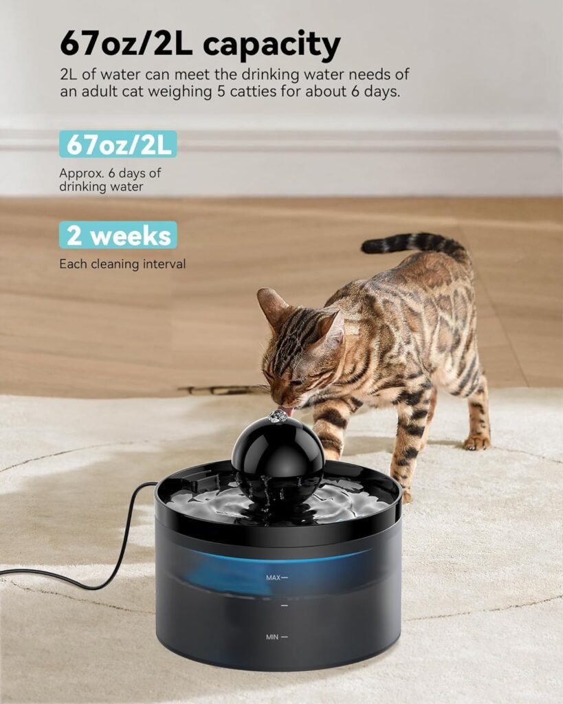 Cat Water Fountain, GOOSTOO 67oz/2L Cat Fountain with a Ball, Super Quiet Pet Water Fountain, Multiple Filtration, Built-in Led Light, Attracts Pets to, Attracting Cats to Drink Water (Black, Plastic)