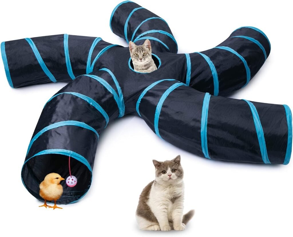EGETOTA Cat Tunnel for Indoor Cats Large, with Play Ball S-Shape 5 Way Collapsible Interactive Peek Hole Pet Tube Toys, Puppy, Kitty, Kitten, Rabbit (Blue Black)