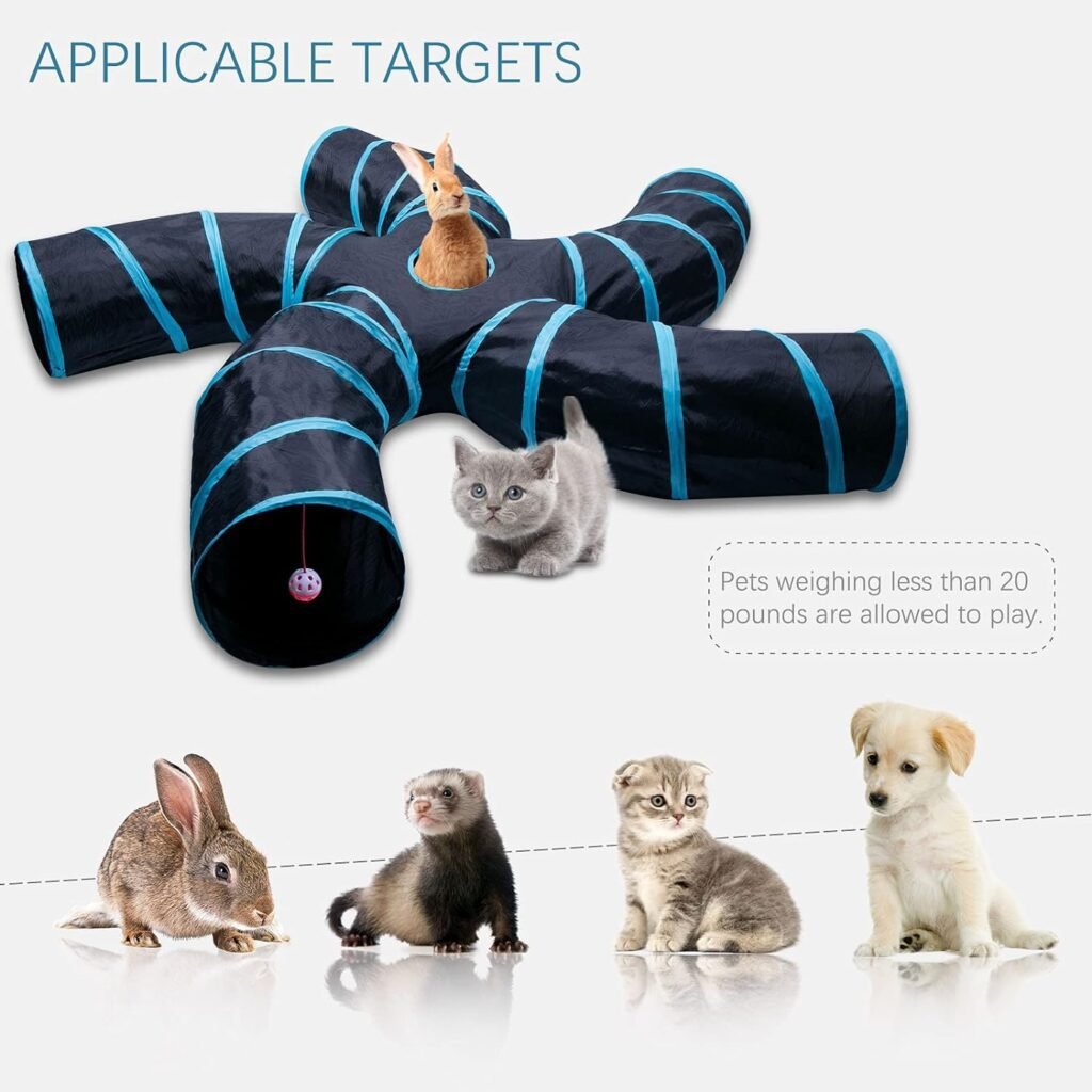 EGETOTA Cat Tunnel for Indoor Cats Large, with Play Ball S-Shape 5 Way Collapsible Interactive Peek Hole Pet Tube Toys, Puppy, Kitty, Kitten, Rabbit (Blue Black)