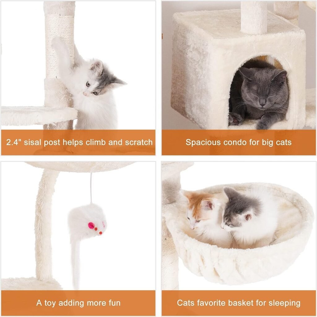 Heybly Cat Tree with Toy, Cat Tower condo for Indoor Cats, Cat House with Padded Plush Perch, Cozy Hammock and Sisal Scratching Posts, Smoky Gray HCT004SG