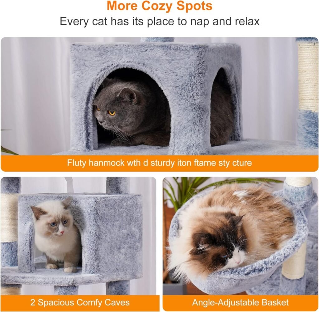 Heybly Cat Tree with Toy, Cat Tower condo for Indoor Cats, Cat House with Padded Plush Perch, Cozy Hammock and Sisal Scratching Posts, Smoky Gray HCT004SG