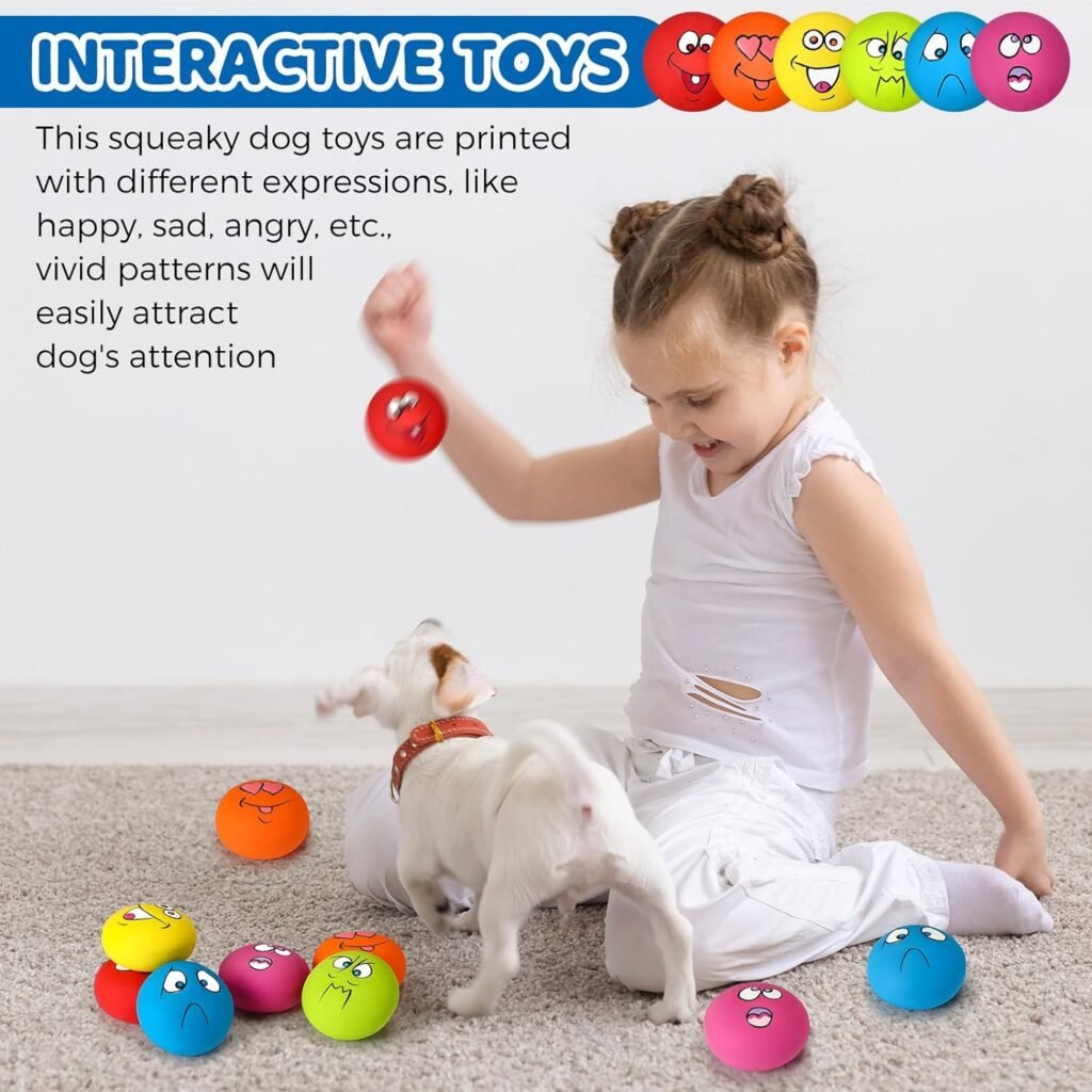 Jenaai 24 Pieces Funny Face Squeaky Dog Toys Latex Soft Dog Toys Emoticon Dog Squeaky Ball Interactive Dog Toys Balls Fetch Play Balls Toy for Small Medium Pets Dogs Puppies Playing Training, 6 Styles