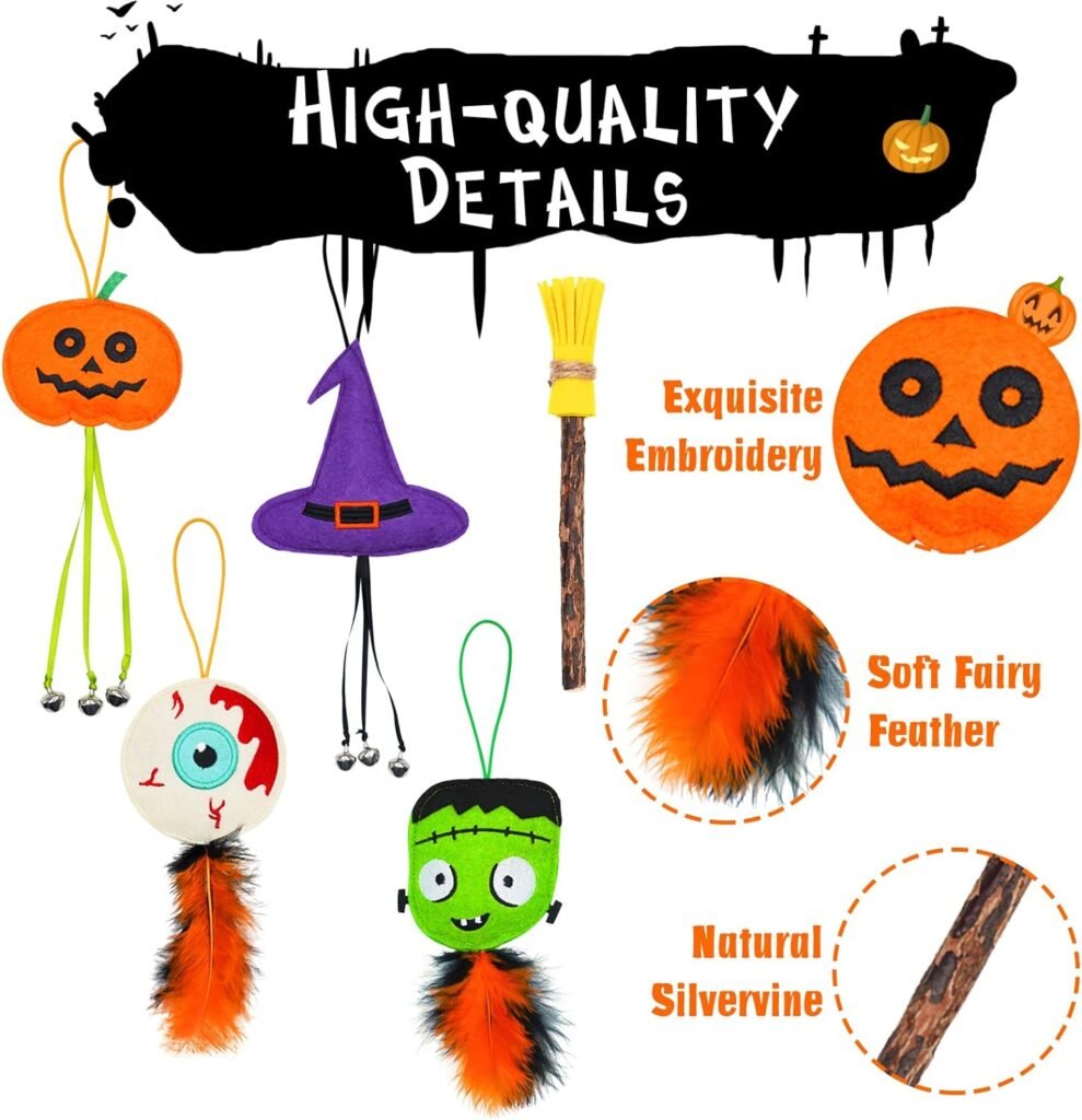 Lepawit Halloween Cat Toys for Indoor Cats, 4Pcs Catnip Toys with 1 Natural Silvervine Stick, Halloween Interactive Cat Toys with Feather and Bells for Indoor Cats Kitten Kitty