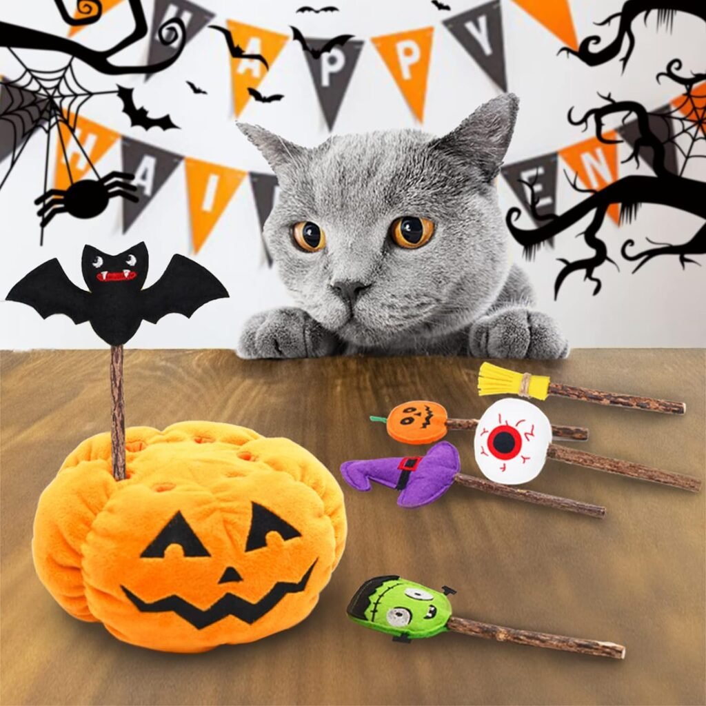 Lepawit Halloween Cat Toys for Indoor Cats, 6pcs Catnip Lollipop Toys Natural Silvervine Sticks with Plush Pumpkin Decoration, Chew Sticks for Cat Kitten Kitty Cleaning Teeth Molar Tools