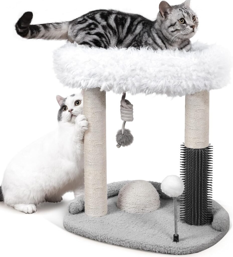 LovIntry Cat Scratching Post, Small cat Tree, 5-in-1 Cat Scratch Tower with Large Perch, Cat Self Groomer, and 2 Spring Toy Balls for Indoor, Grey