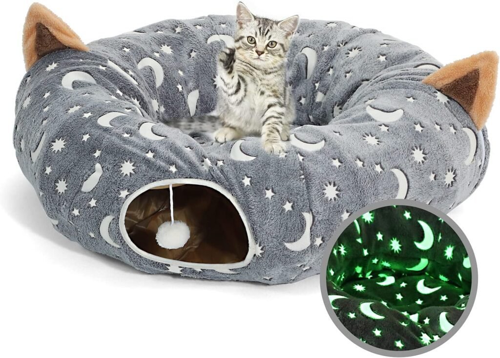 LUCKITTY Cat Tunnel Bed Tube with Cushion and Plush Ball Toy Playground Crinkle Collapsible Self-Luminous Flannel Fabric 3FT for Large Cats Kittens Kitty Small Animals Puppy Grey Moon Star