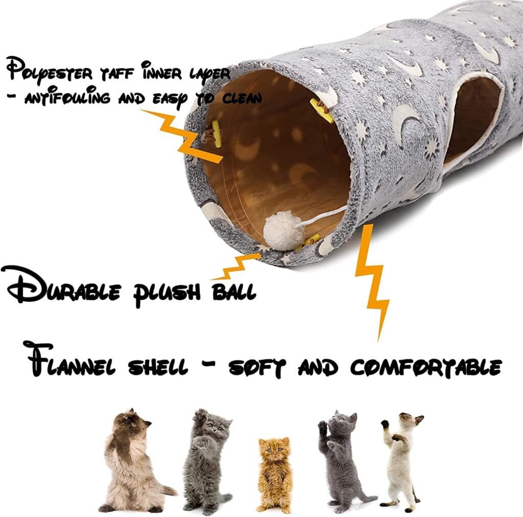 LUCKITTY Cat Tunnel Bed Tube with Cushion and Plush Ball Toy Playground Crinkle Collapsible Self-Luminous Flannel Fabric 3FT for Large Cats Kittens Kitty Small Animals Puppy Grey Moon Star