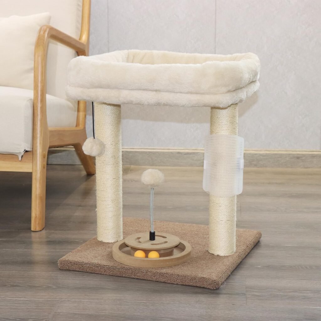 PAWSFANS Cat Tree Scratching Post,Cat Tower with Perch Bed Scratch for Indoor Cats and Kittens Scratcher,Track Toy Hanging Ball Bursh Gray