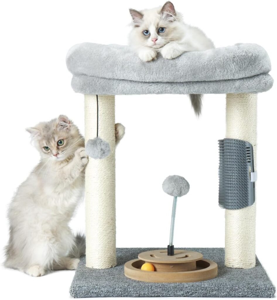 PAWSFANS Cat Tree Scratching Post,Cat Tower with Perch Bed Scratch for Indoor Cats and Kittens Scratcher,Track Toy Hanging Ball Bursh Gray
