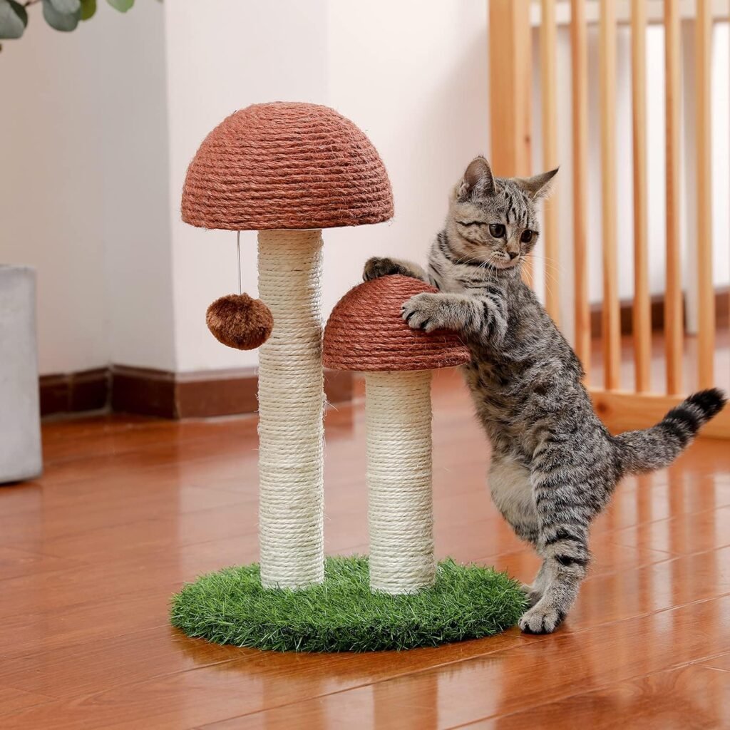 PETEPELA Cat Scratching Post, Mushroom Tall Cat Scratcher Featuring with Natural Sisal Scratching Poles and Interactive Toy Ball for Kittens and Small Cats (Brown)