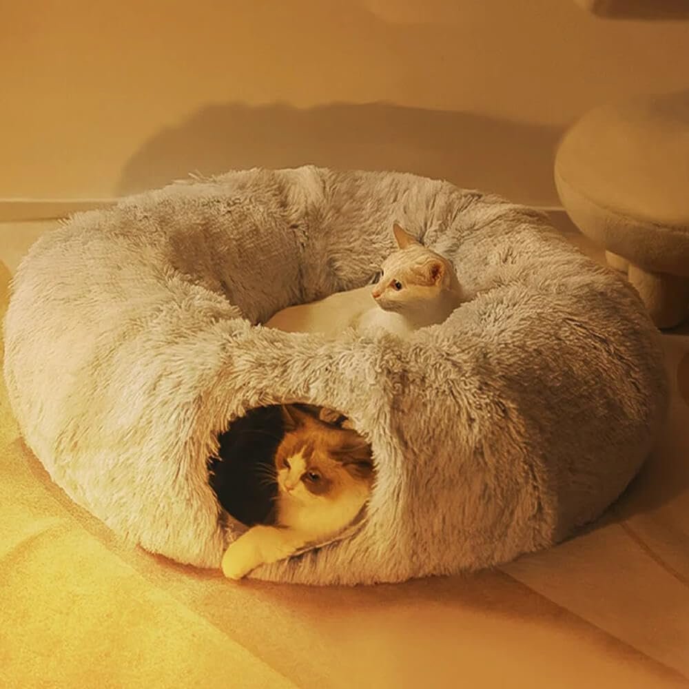 TRENBADER Plush Cat Bed with Tunnel for Indoor Cats, Multifunctional Cat Tunnel Bed with Peephole, Fluffy Donut Cat Bed with Tunnel, 63 Inch Diameter Collapsible Tunnel Tube for Multi Cats (Grey)