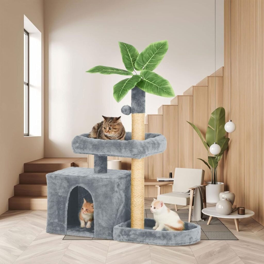 TSCOMON 31.5 Cat Tree Cat Tower for Indoor Cats with Green Leaves, Cat Condo Cozy Plush Cat House with Hang Ball and Leaf Shape Design, Cat Furniture Pet House with Cat Scratching Posts, Grey
