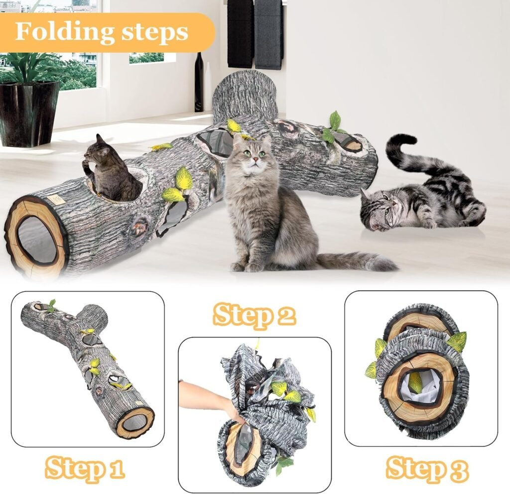 VERABE Cat Tunnel for Indoor Cats, Tree Trunk 3 Ways Collapsible Cat Tubes, 5 Holes Cat Toys Interactive Tunnels for Puppy, Kitten, Ferret, Guinea Pig, Chinchilla